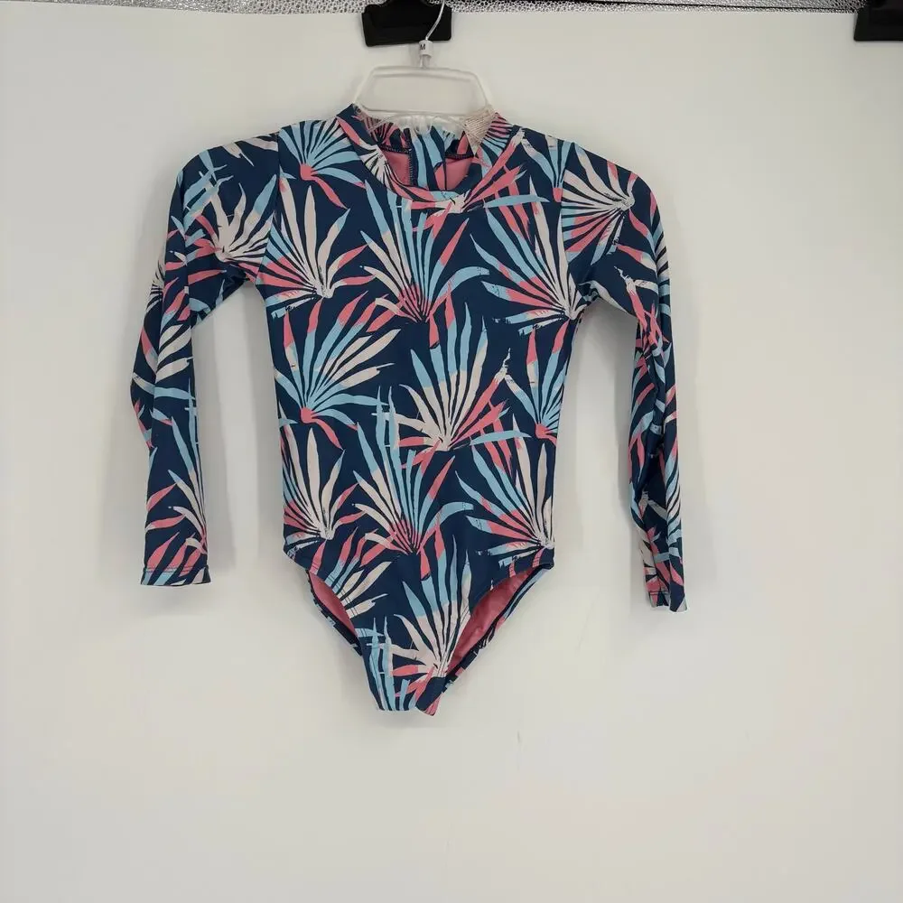 Feather 4 Arrow Pink Blue Tropical Leaf Print Girls Swimsuit Rash Guard‎ Size 8